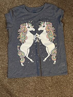 The Children's Place Blue Tee with Twin Unicorns and Rainbow Manes